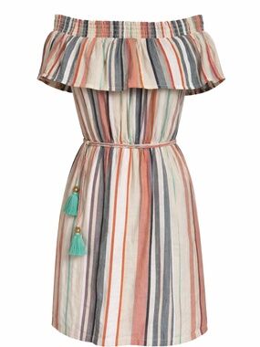 THML Off Shoulder Striped Dress Tassel Tie Waist Boho Mini Size Small